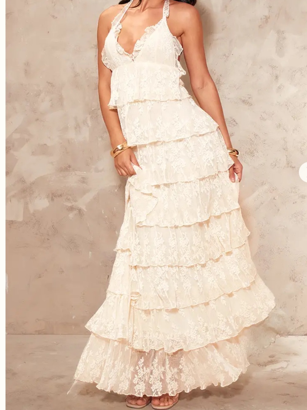 Cream Lace Ruffle Halter neck Maxi Dress
